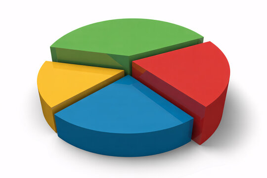 Three-dimensional colorful pie chart representing data, statistics, finance, and presentations.
