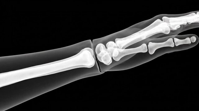 A 3D medical animation of a Colles' fracture in the wrist, showing the distal radius break and displacement from a fall