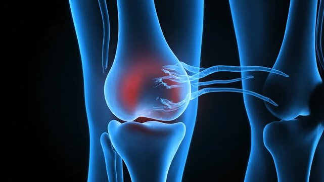 A 3D medical animation of an ACL tear in the human knee joint, showing the ligament rupture from a twisting motion in slow motion.