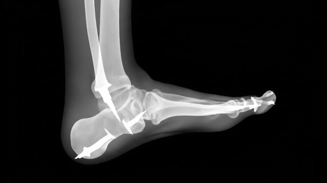 A 3D medical animation of a bimalleolar ankle fracture, showing the tibia and fibula breaking from a severe eversion injury