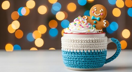 Festive Treat: Gingerbread Man and Whipped Cream Delight: A heartwarming image capturing a cozy mug filled with a rich, hot drink, generously topped with whipped cream and a charming gingerbread man.
