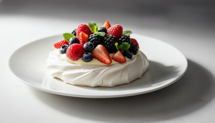 Elegant pavlova topped with fresh berries and mint