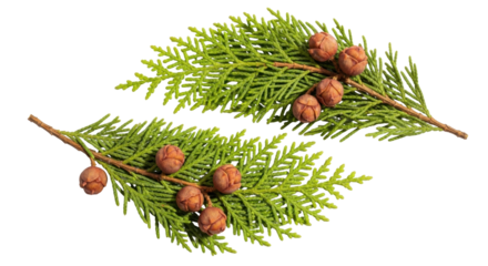 Isolated evergreen foliage sprigs with cones, Christmas decoration close-up, pine branch cutouts