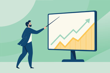 Business coach expertly guiding with finger on upward trend line, financial chart, growth, success, corporate meeting, boardroom, finance, analytics, strategy.