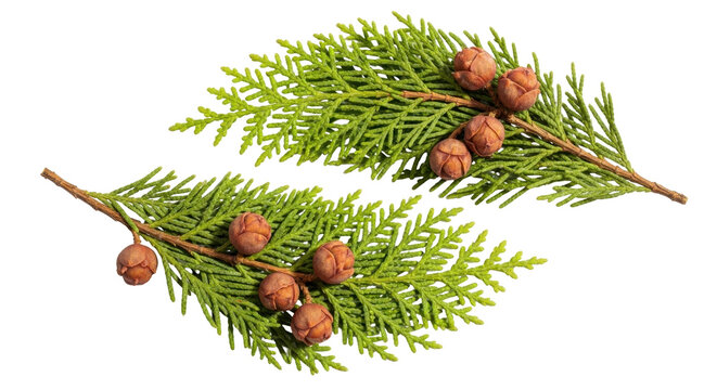 Isolated evergreen foliage sprigs with cones, Christmas decoration close-up, pine branch cutouts