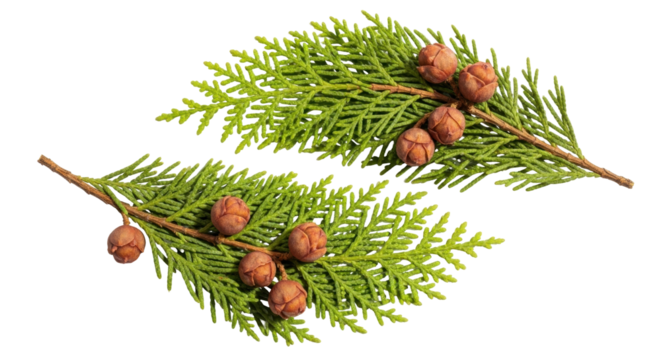 Isolated evergreen foliage sprigs with cones, Christmas decoration close-up, pine branch cutouts