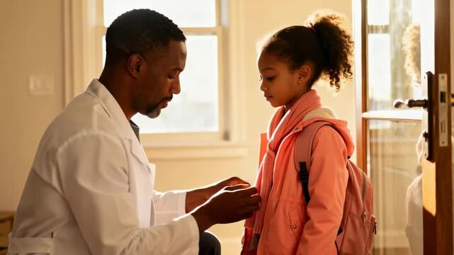 Black doctor father helps his young daughter get ready for school. Caring parent adjusting his child's scarf in a sunlit home. Family love and work-life balance concept