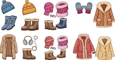 Cozy winter clothing collection with hats boots coats mittens earmuffs and warm accessories, cad drawing flat vector illustration design style