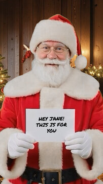 Christmas Santa Greeting Holding Card Vertical Title Animation