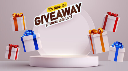 Giveaway Announcement with floating gift boxes and product podium. Promotional background design. Vector illustration