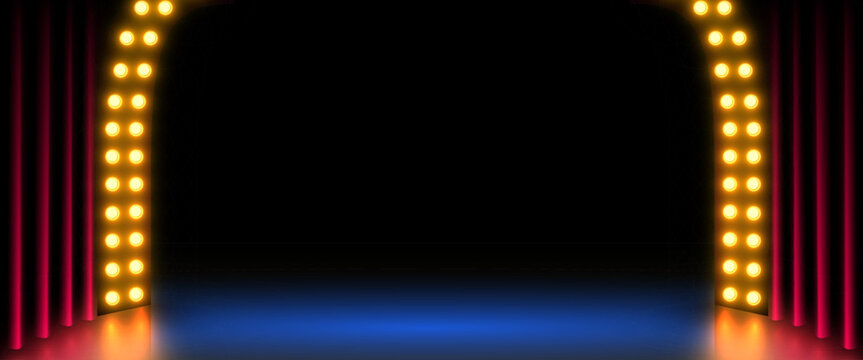 Retro stage backdrop with glowing yellow lights and red curtains, creating a vibrant background for events. Vector illustration.