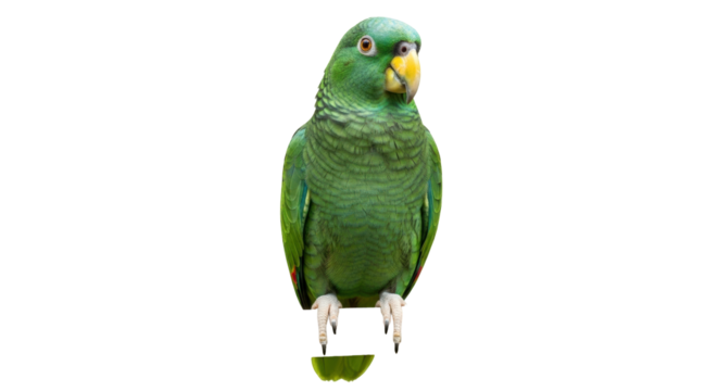 Isolated green Amazon parrot perched upright facing forward looking alert in studio lighting