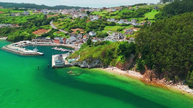 Aerial of O Porto do Barqueiro Fishing Village, A Coruna, Galicia