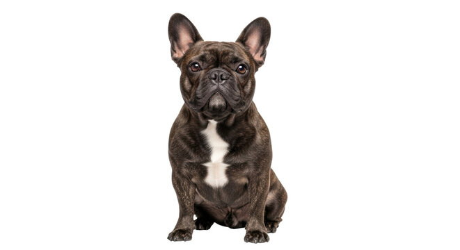 Isolated brindle French bulldog sitting indoors looking at camera in studio shot, dog photography