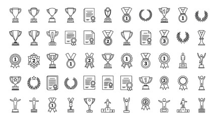 Award and Trophy Line Icon Set – Medals, Certificates, Badges & Winner Symbols