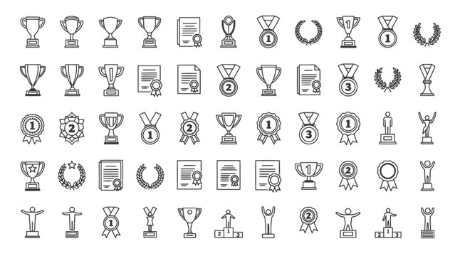 Award and Trophy Line Icon Set – Medals, Certificates, Badges & Winner Symbols