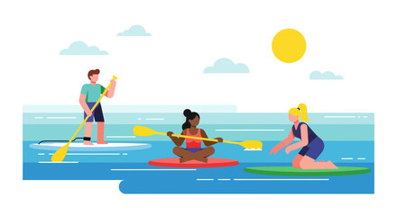 Paddleboarders Enjoying Watersport Activities Under The Sun in Calm Water and Serene Night