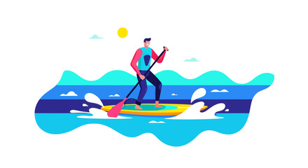 Paddleboarding Adventure: Coastal Illustration Featuring A Person Against Black Backdrop