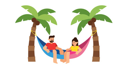 Relaxing Couple Enjoying Sunny Beach Day on a Hammock Under Palm Trees