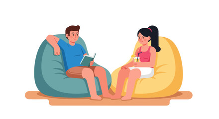 Fototapeta premium Relaxing Couple Enjoying Time Together Reading Book And Having Drink In Comfortable Beanbags