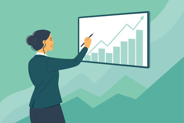 Ambitious businesswoman interacts with futuristic touchscreen, financial graph displays upward trend, data analysis, digital interface, corporate success, innovation.