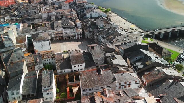  Aerial of Historic Viveiro Town and Mercy Bridge, Lugo, Galicia, Spain