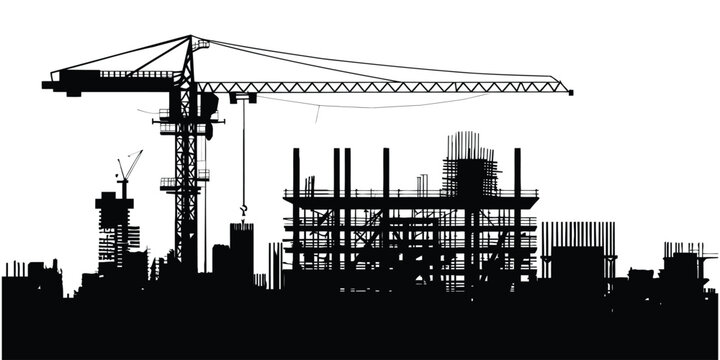 Construction site silhouette with large tower crane, building framework, scaffolding, industrial machinery, urban development skyline, civil engineering structure illustration vector design