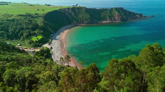 Aerial view of a Ermita de la Regalina on the steep cliffs in Asturias, Spain