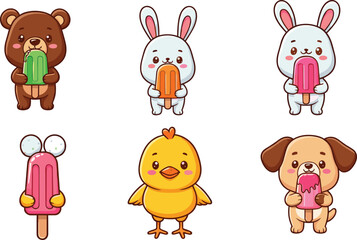 Cute cartoon animals enjoying colorful popsicles, featuring bear, bunnies, chick, dog, and creative dessert characters in kawaii style