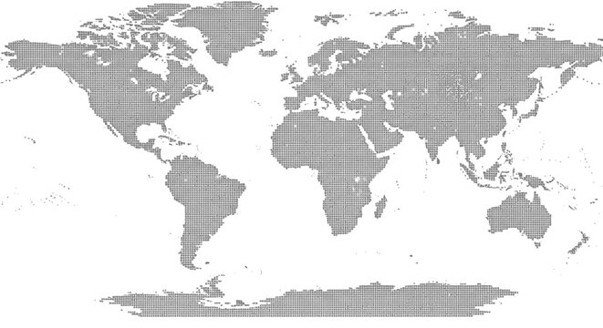 Abstract grid pattern world map illustration with continents outlined in a minimalist black and white design representing global connections and data