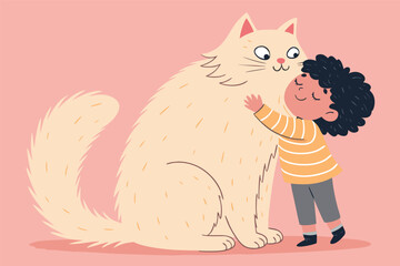 A child embracing a large, soft cat with affection, rendered as a clean, flat vector illustration.
