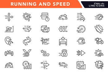 Running and Speed line icon set. Running sport, marathon, runner, race, treadmill, speedometer, stopwatch outline icons