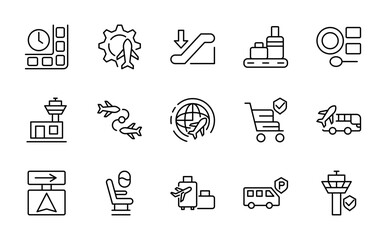 Airport line icon set. Briefcase, travel sign, suitcase, traveling, tourism, booking, tours, visa assistance, insurance line icon set