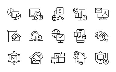 Remote Working line icon set. Freelance, hybrid work, digital nomad, office, home office, video conferencing line icon pack