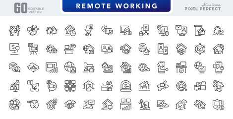 Remote Working line icon set. Remote working, freelance, hybrid work, digital nomad, office, home office, telecommuting, video conferencing vector outline icons. Editable stroke