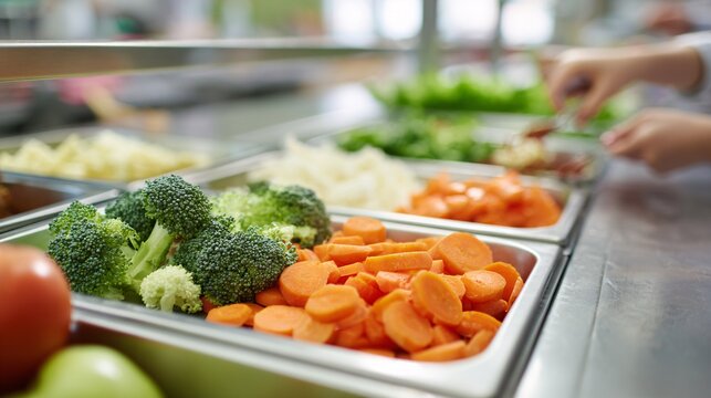Fresh broccoli and carrot trays in school cafeteria line, healthy lunch options, nutrition concept.