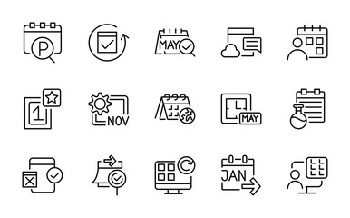 Calendar line icon set. Schedule, month, week, day, appointment, agenda, organization, event, time, planning, stopwatch, date thin line icon pack.