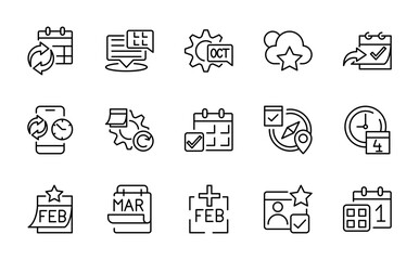 Calendar line icon set. Schedule, month, week, day, appointment, agenda, organization, event, time, planning, stopwatch, date line icon pack.