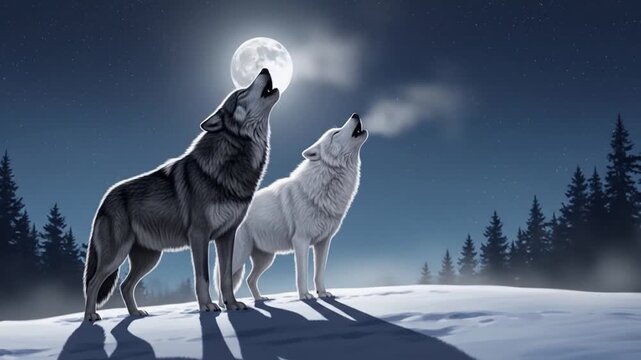 A breathtaking moonlit serenade: Two majestic wolves howl under the full moon in a snowy winter