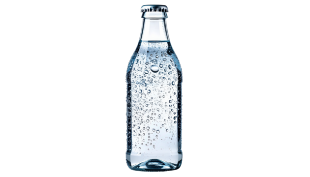 Clear Glass Bottle of Sparkling Water with Bubbles on a Transparent Background