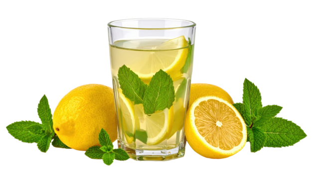 Fresh Lemon Water With Mint Leaves in a Glass on a Transparent Background