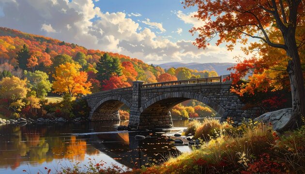 Scenic autumn landscape with a stone bridge crossing a river surrounded by colorful trees - Powered by Adobe