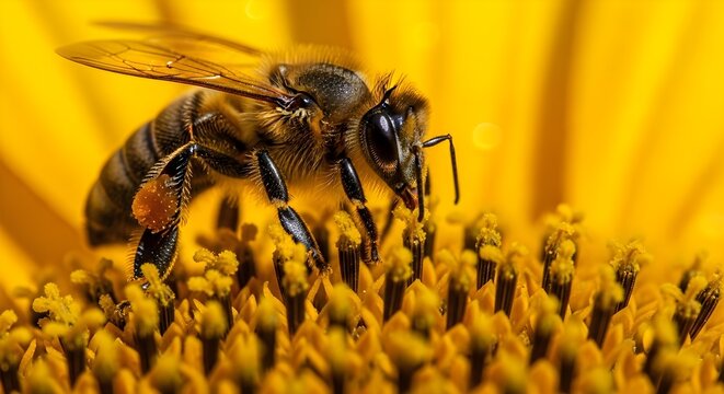 bee on yellow flower - Powered by Adobe