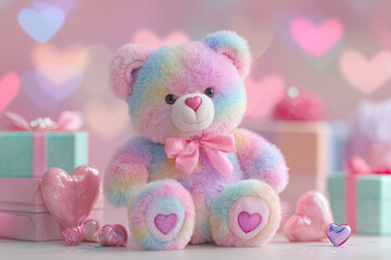 Rainbow teddy bear with hearts and gifts in pastel colors, valentine's day, LGBTQ