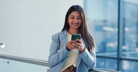 Happy, phone and business woman in office for social media, networking and website news. Professional, corporate and person on smartphone for internet, online notification and typing message in lobby - Powered by Adobe