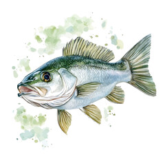 Fototapeta premium Minimal_Painted_in_watercolor, bass_fish, isolated_on_white, vector_EPS. vectorized