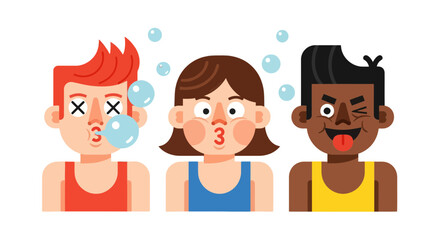 Three Playful Individuals Blowing Bubbles, Expressing Different Quirky Emotions With Unique Styles