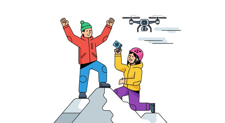 Thrilling Adventure: Friends Celebrate Mountain Ascent with Drone Photography