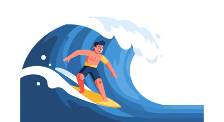Thrilling Moment: A Drawn Surfer Skillfully Riding a Towering, Animated Wave Perfecting Balance