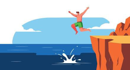 Thrilling Moment of a Man Diving Into The Ocean From A Cliff on a Summer Day